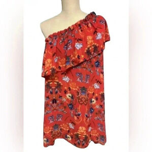 Umgee One Shoulder Ruffle Dress Size Large Red Boho EUC